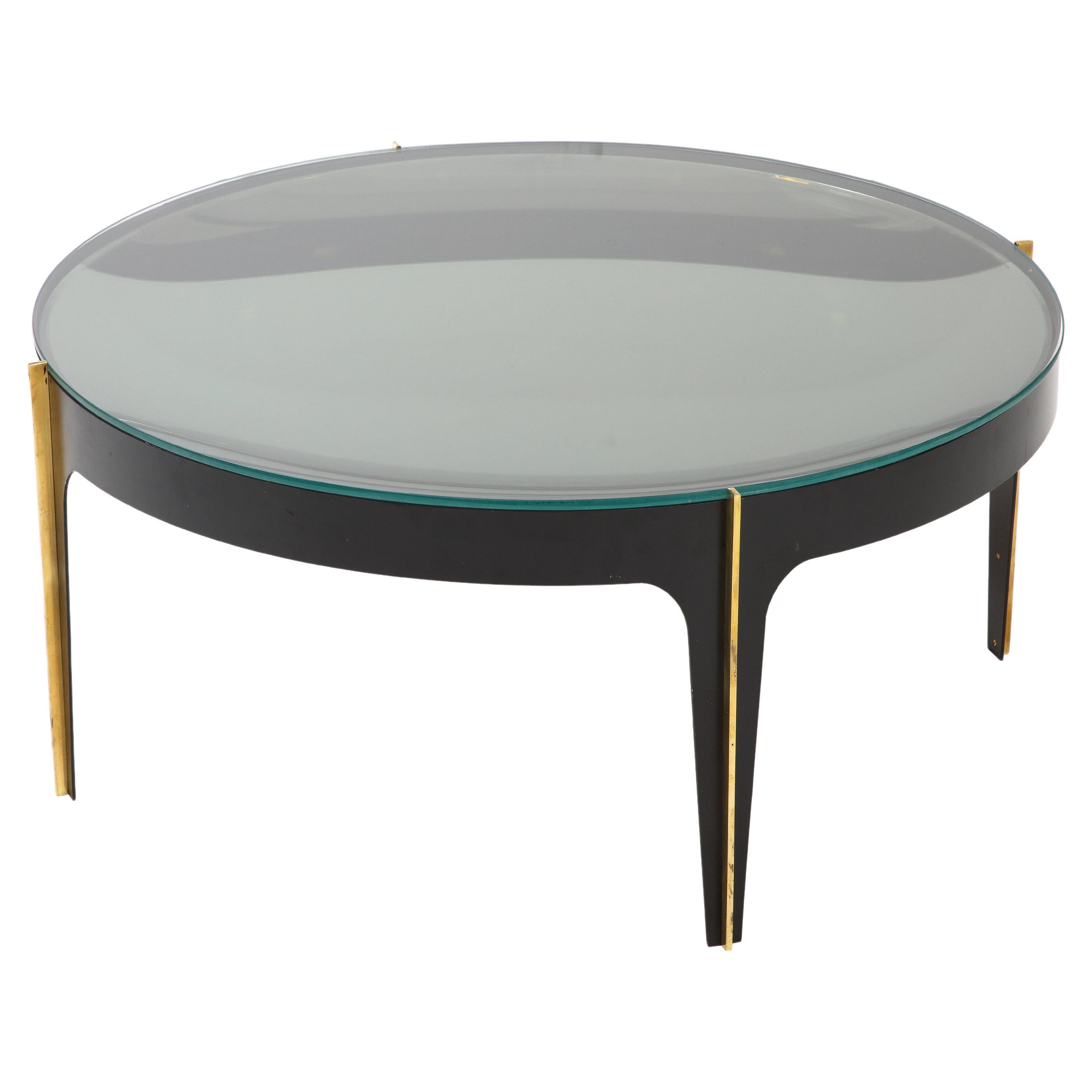 Round Cocktail Table in Black Enameled Metal, Brass and Green Grey Optical Glass For Sale