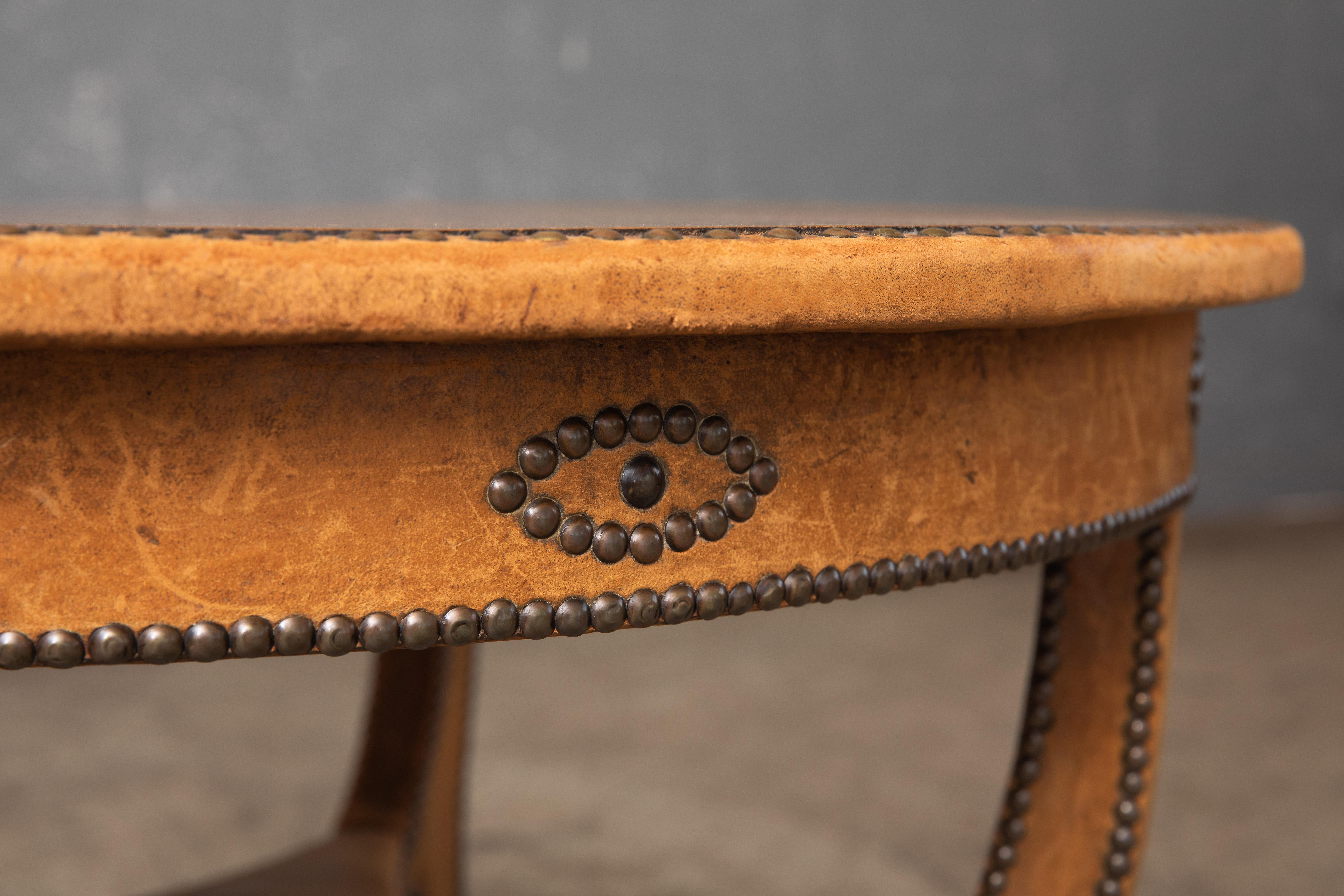 Swedish Round Cocktail Table in Oak and Leather by Otto Schulz