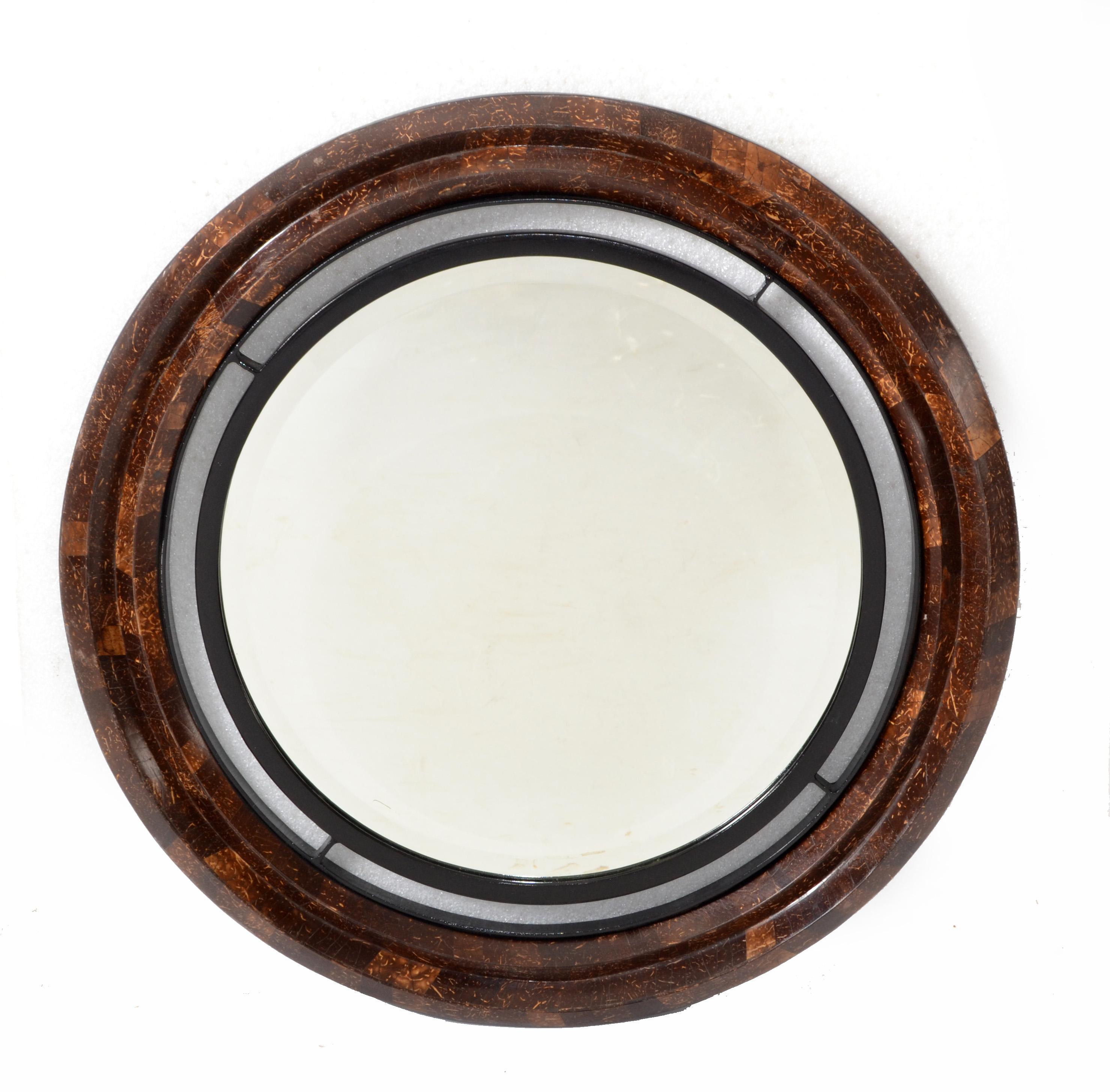 Round Coco Shell Maitland-Smith Tessellated Beveled Mirror Mid-Century Modern 7