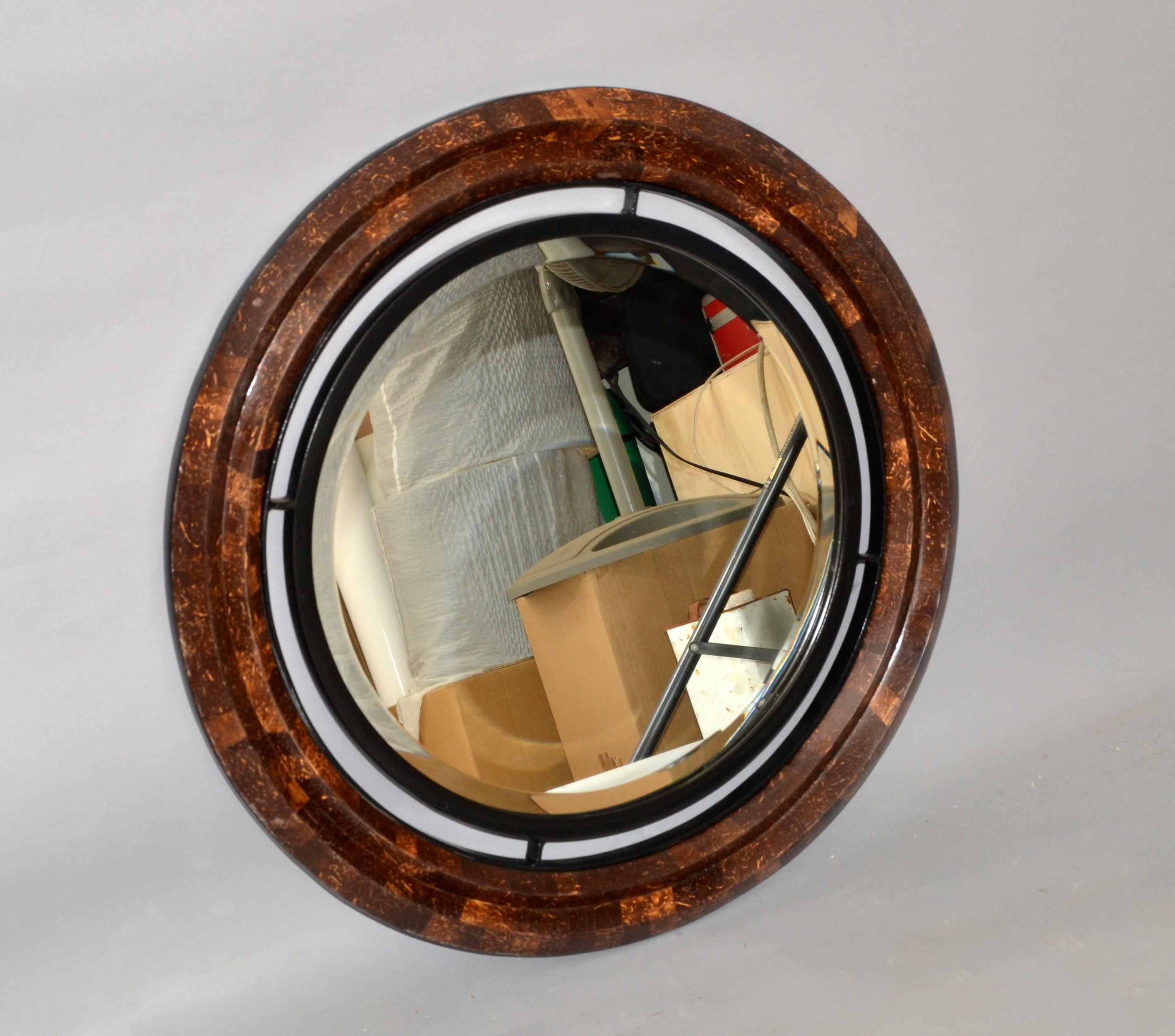 Late 20th Century Round Coco Shell Maitland-Smith Tessellated Beveled Mirror Mid-Century Modern