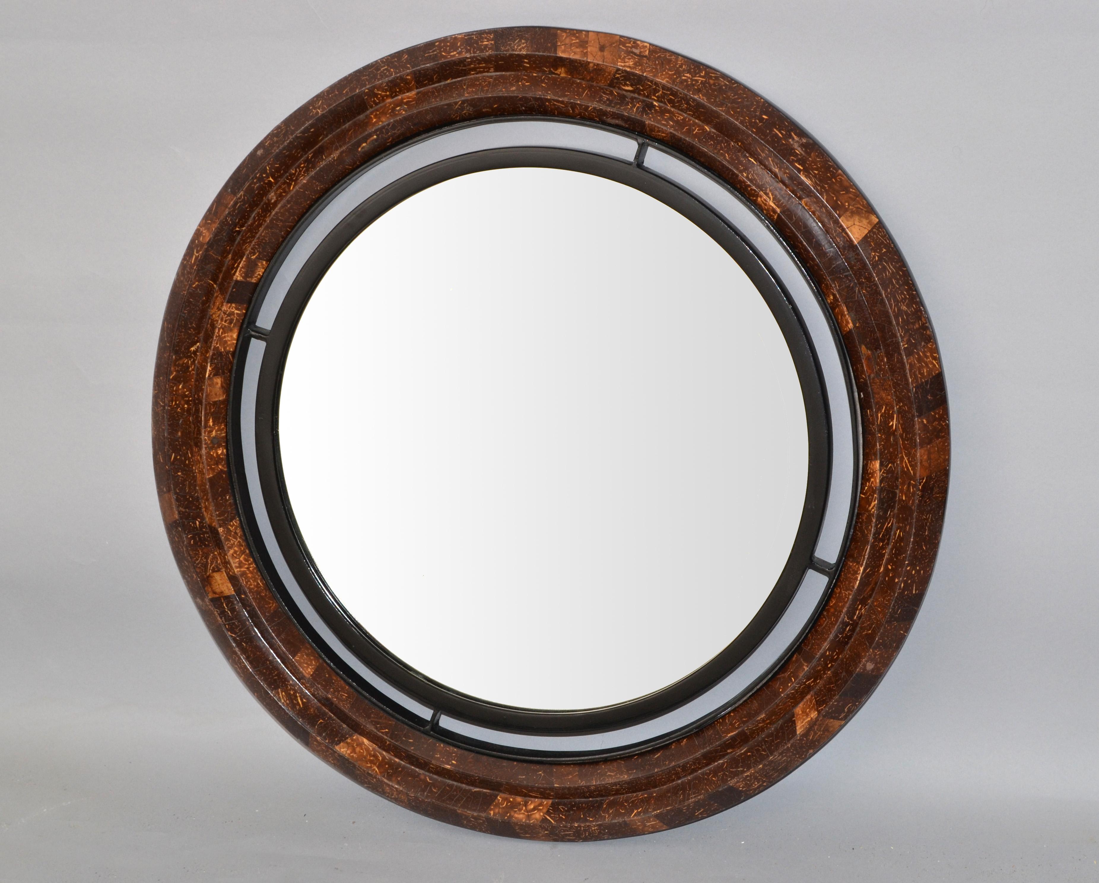 Steel Round Coco Shell Maitland-Smith Tessellated Beveled Mirror Mid-Century Modern
