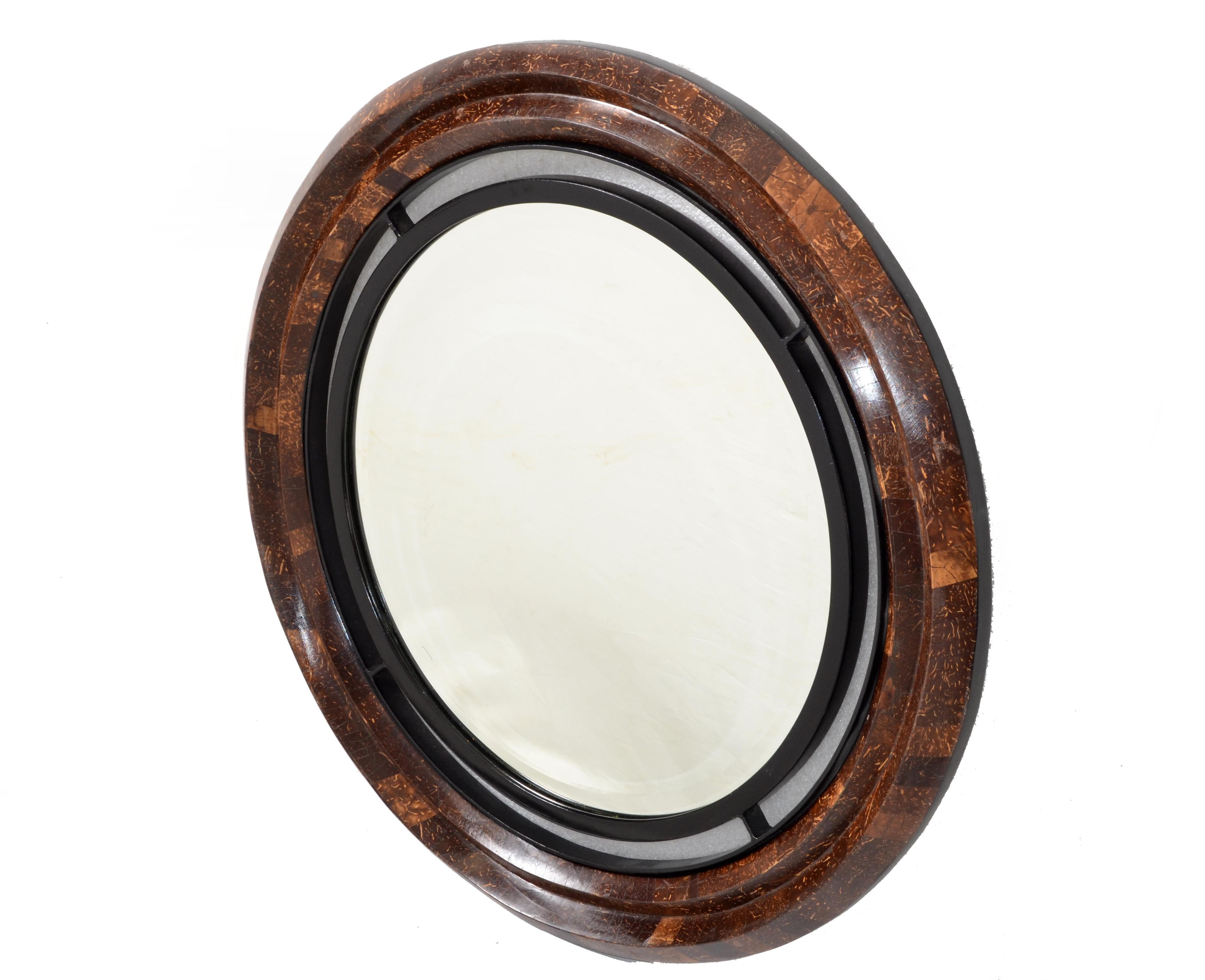 Round Coco Shell Maitland-Smith Tessellated Beveled Mirror Mid-Century Modern 1