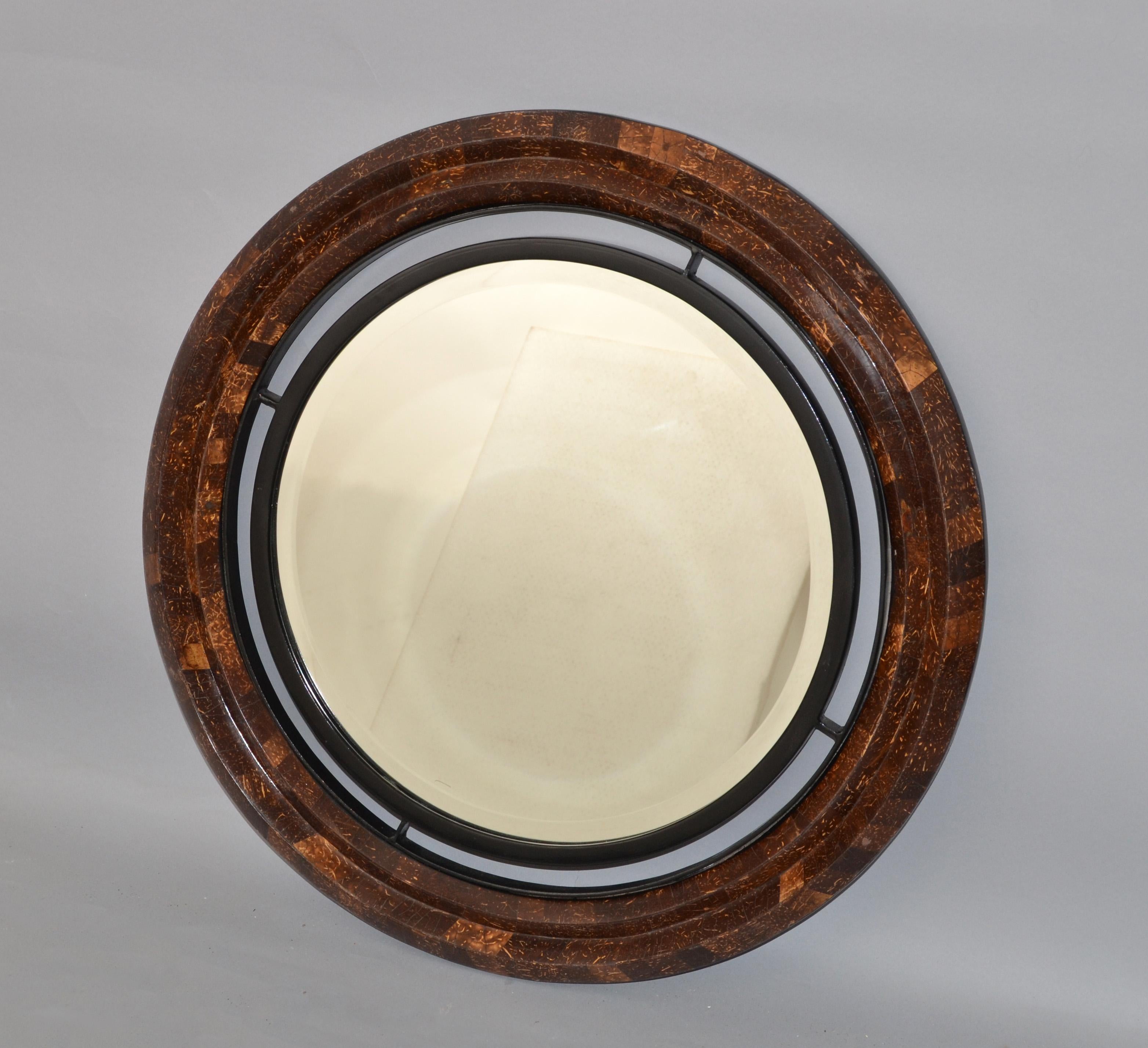 Round Coco Shell Maitland-Smith Tessellated Beveled Mirror Mid-Century Modern 2