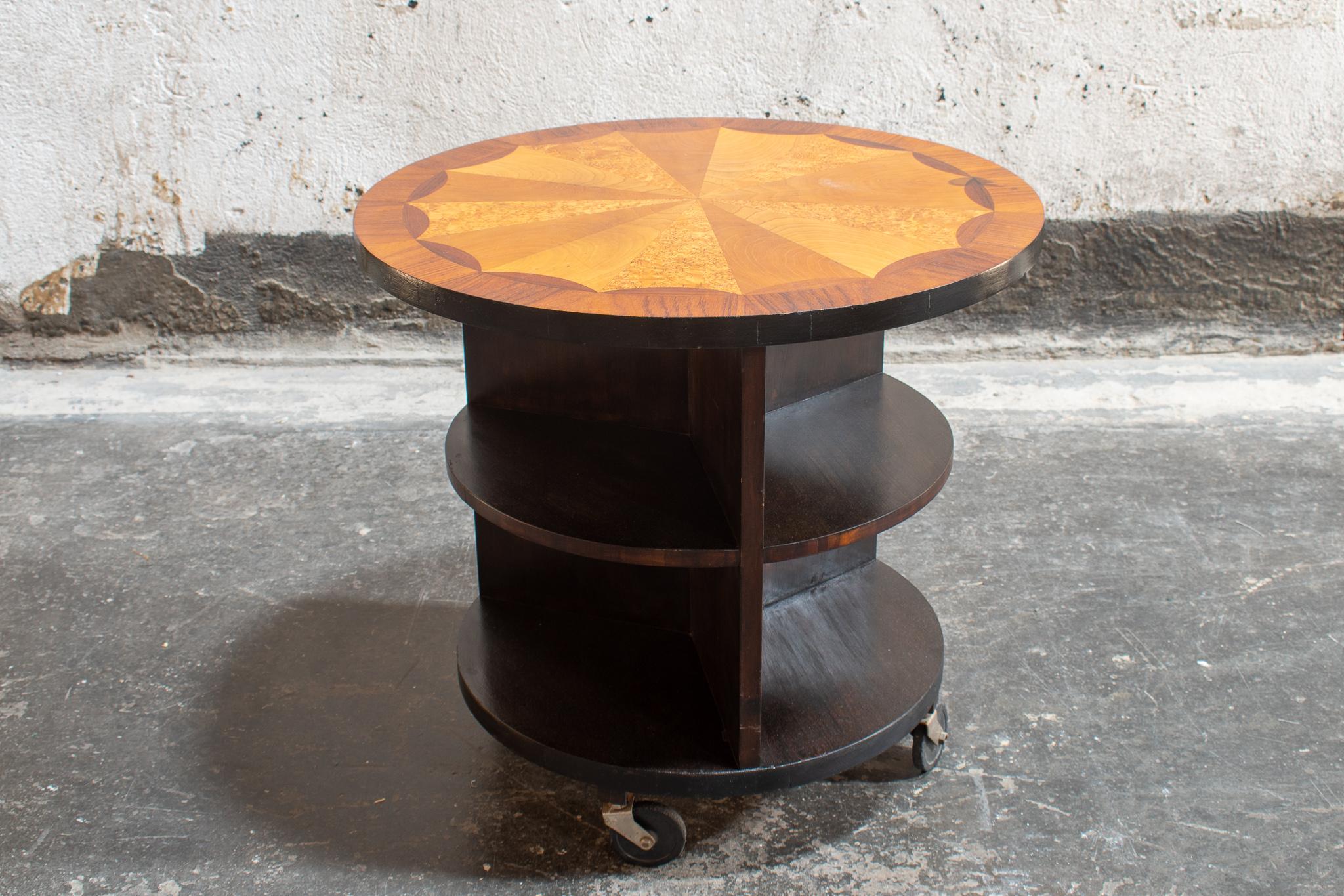 Art Deco Round Coffee/Side Table with Rosewood, Burl, Jacaranda Inlay, Sweden, 1930s For Sale