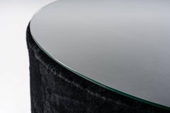 Round Coffee Table, Black Shearling, Glass Top