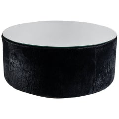 Round Coffee Table, Black Shearling, Glass Top