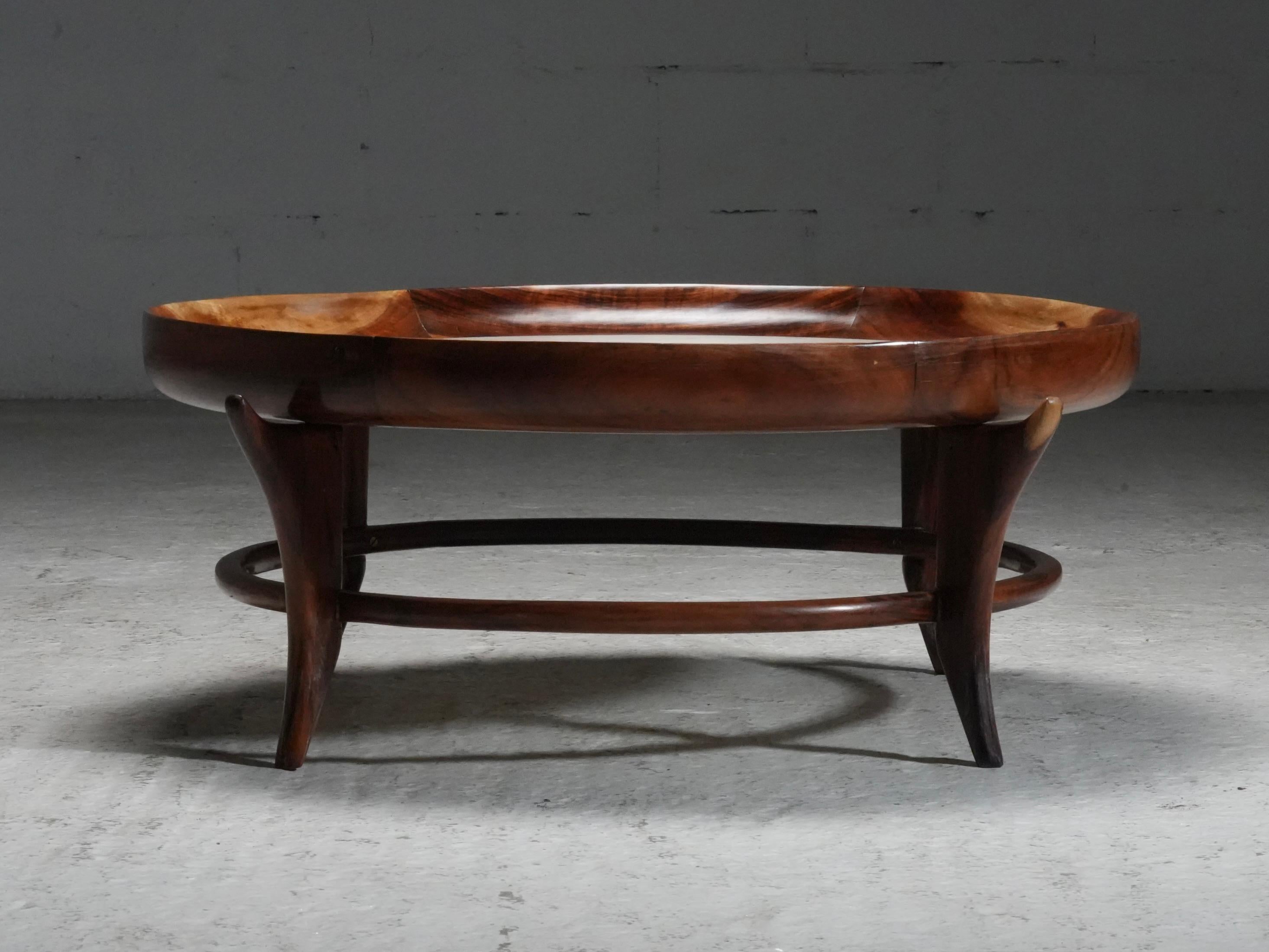 Mid-Century Modern Round Coffee Table by Giuseppe Scapinelli in Caviuna and Marble, Brazil, 1950's