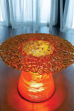 Stitched Round Coffee Table – Ice Blue – Elegance on a Luminous Pedestal