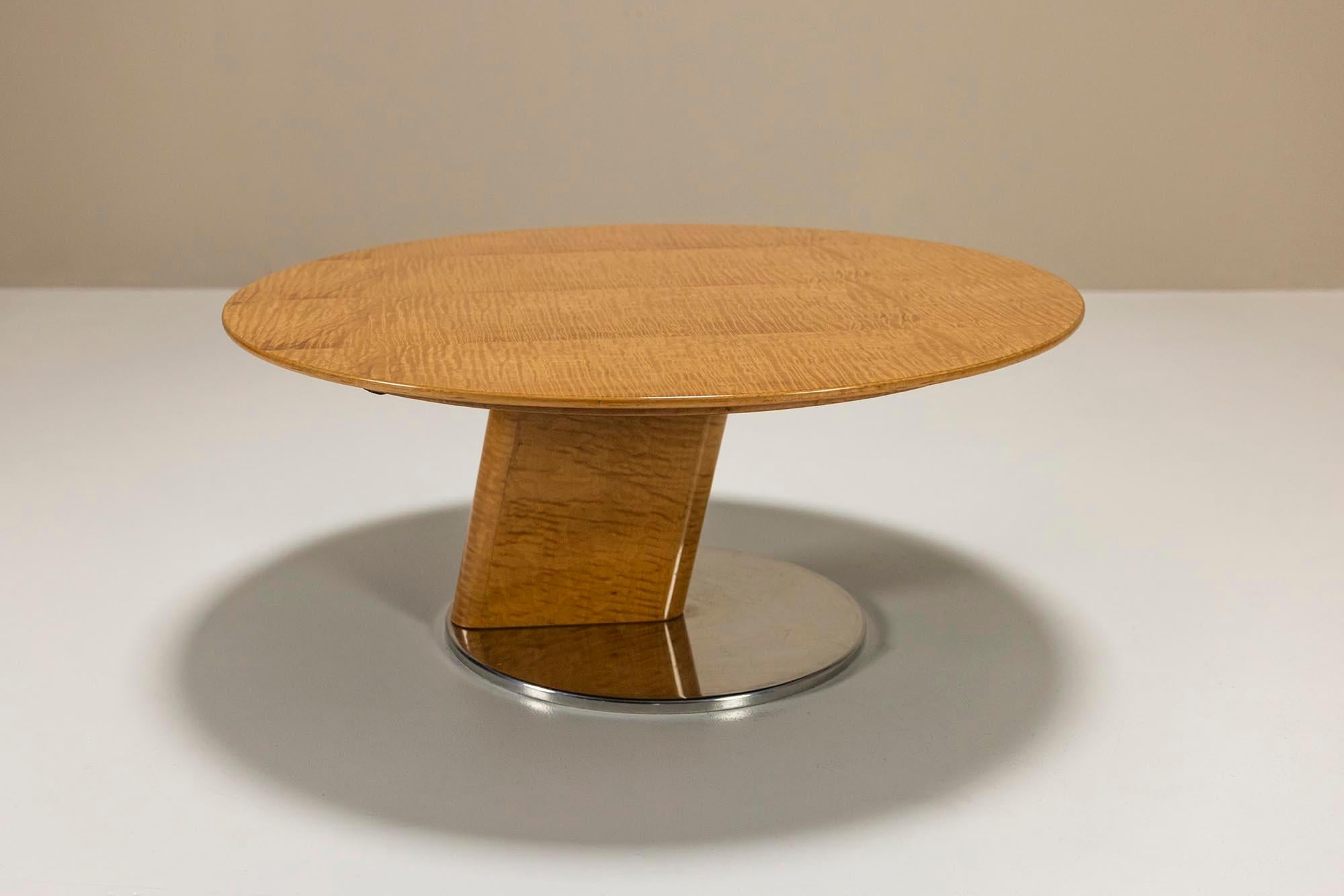 Mid-Century Modern Table basse ronde en érable œil d'oiseau et aluminium de Sergio Saporiti en vente