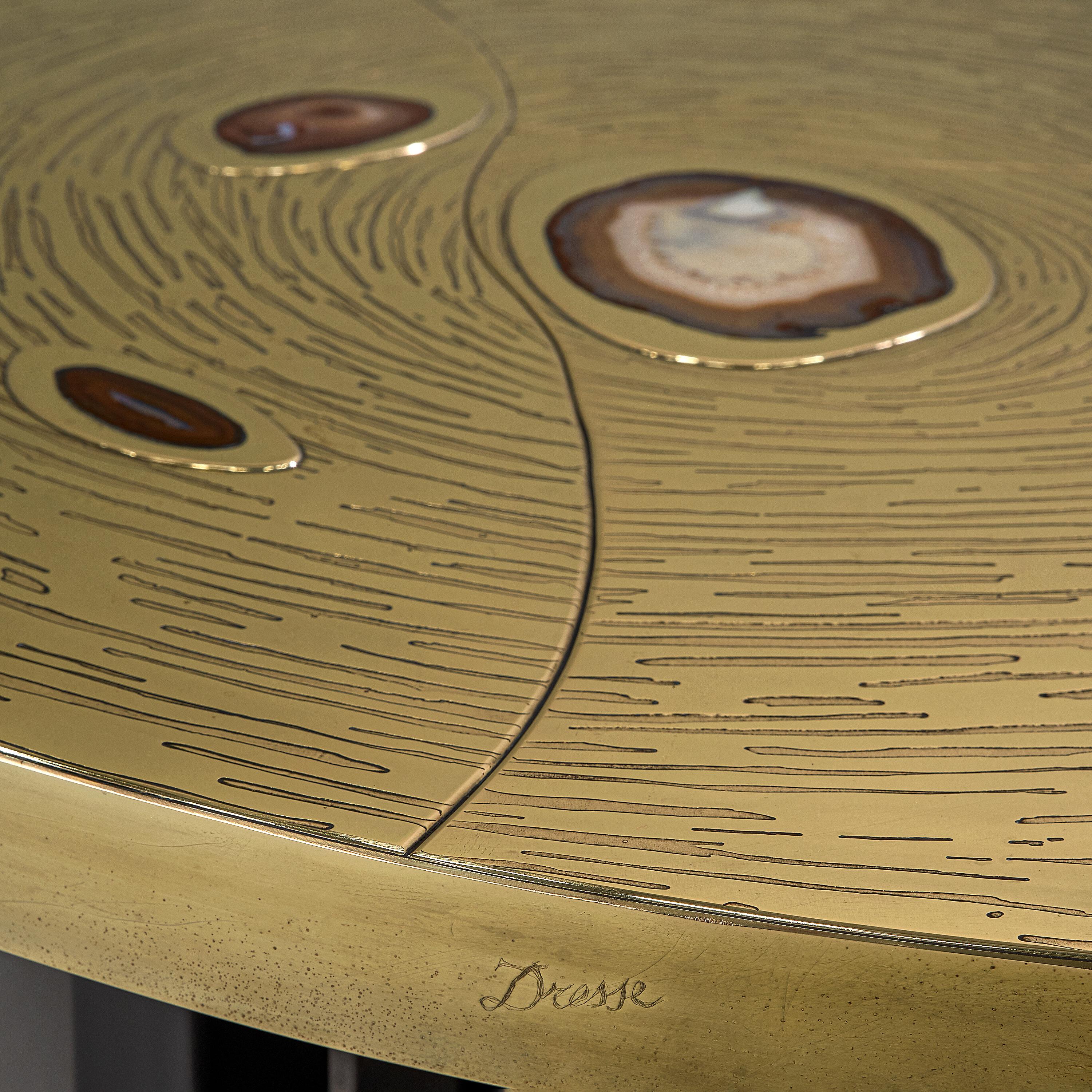 Mid-Century Modern Round Coffee Table in Brass Inlayed with Agate by Jean Claude Dresse