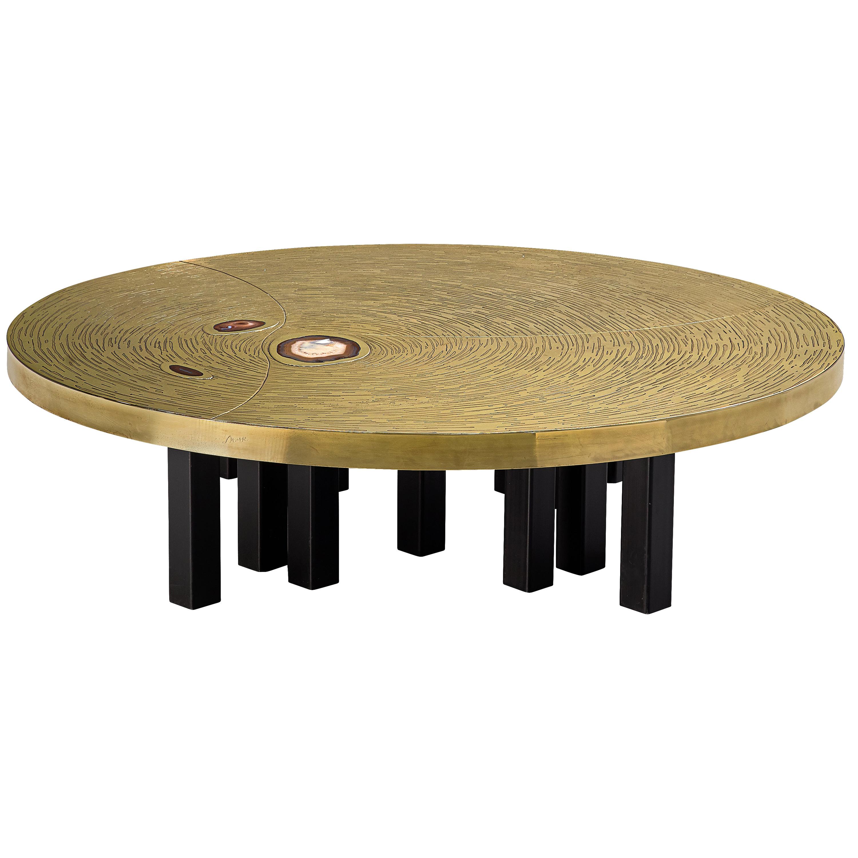 Round Coffee Table in Brass Inlayed with Agate by Jean Claude Dresse