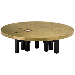 Table basse ronde en laiton incrusté d'agate par Jean Claude Dresse