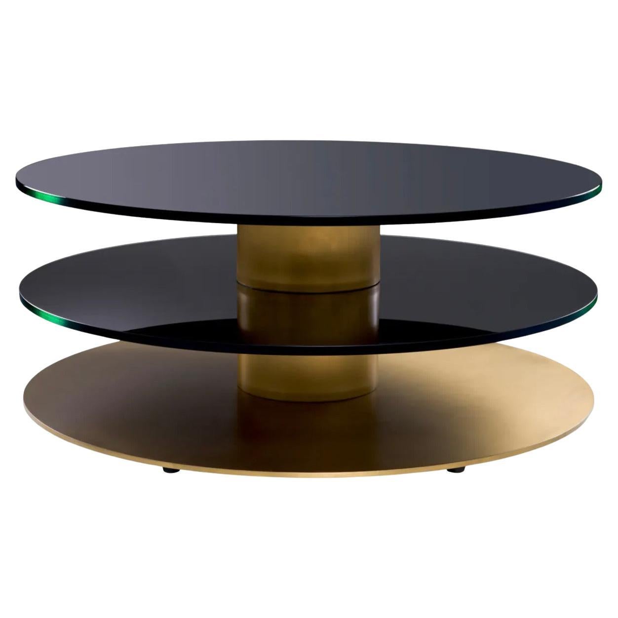 Round Coffee Table in Brushed Brass and Black Glass, Contemporary Style For Sale