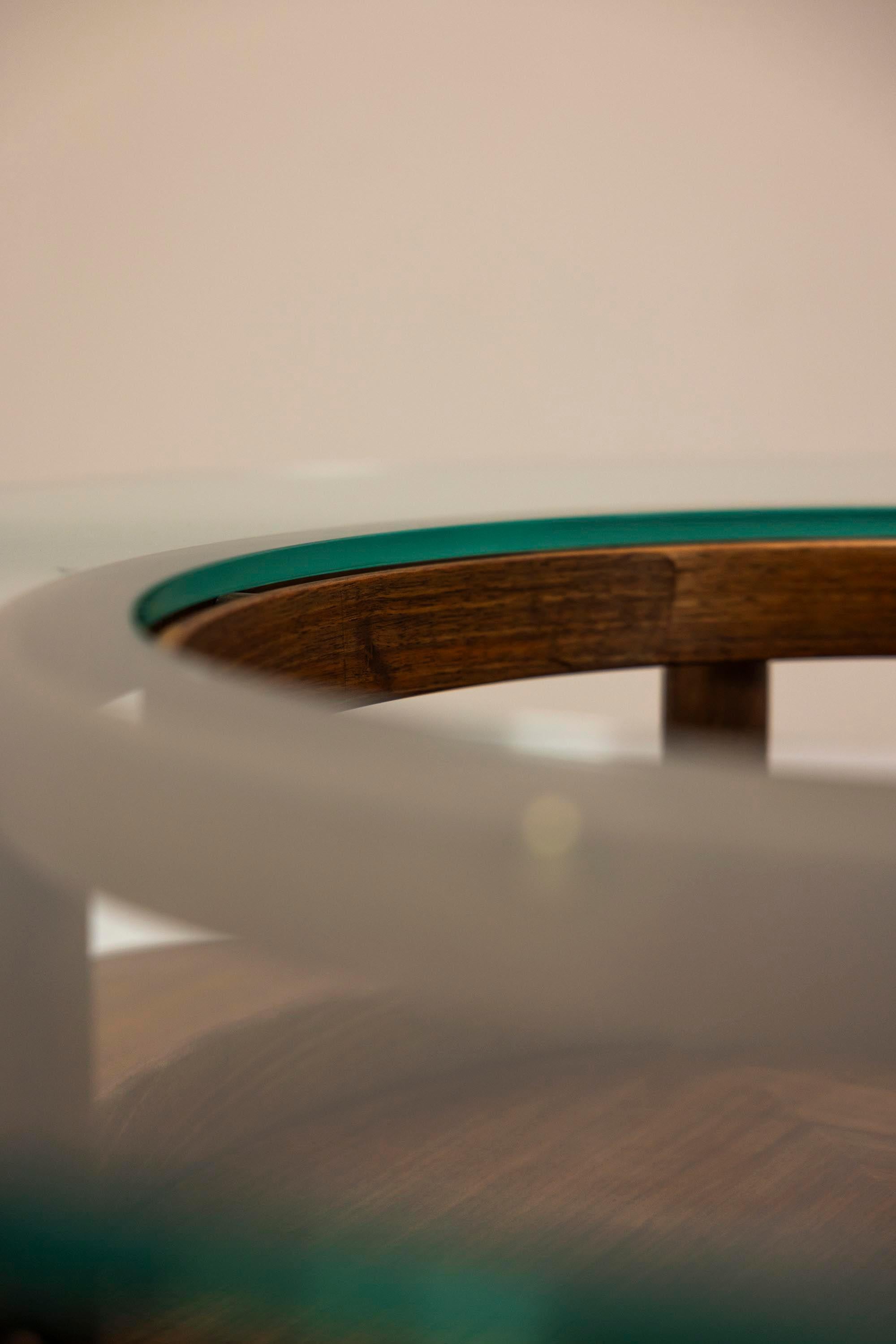 Round Coffee Table In Glass And Teak By Gianfranco Frattini for Cassina, Italy  For Sale 1