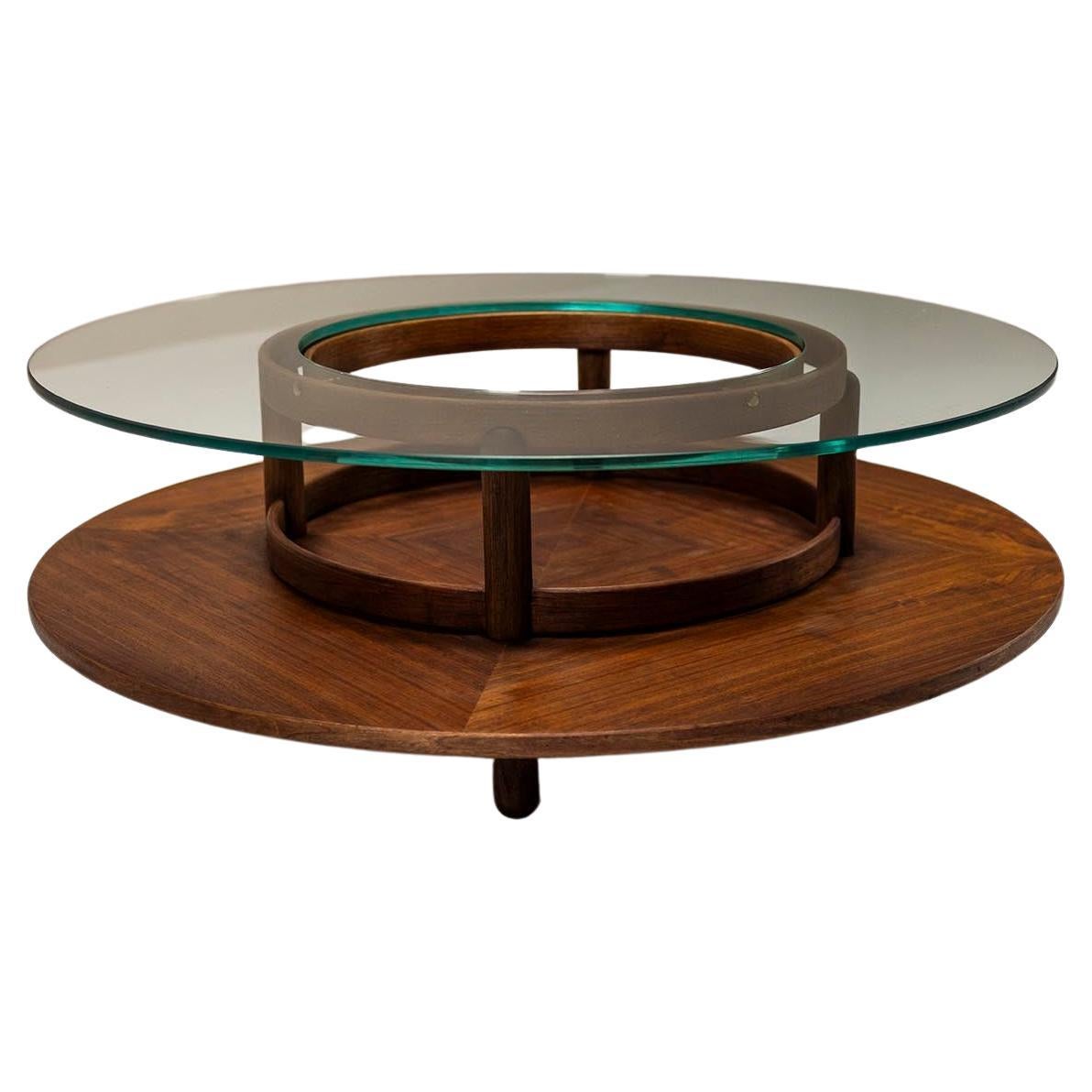 Round Coffee Table In Glass And Teak By Gianfranco Frattini for Cassina, Italy  For Sale