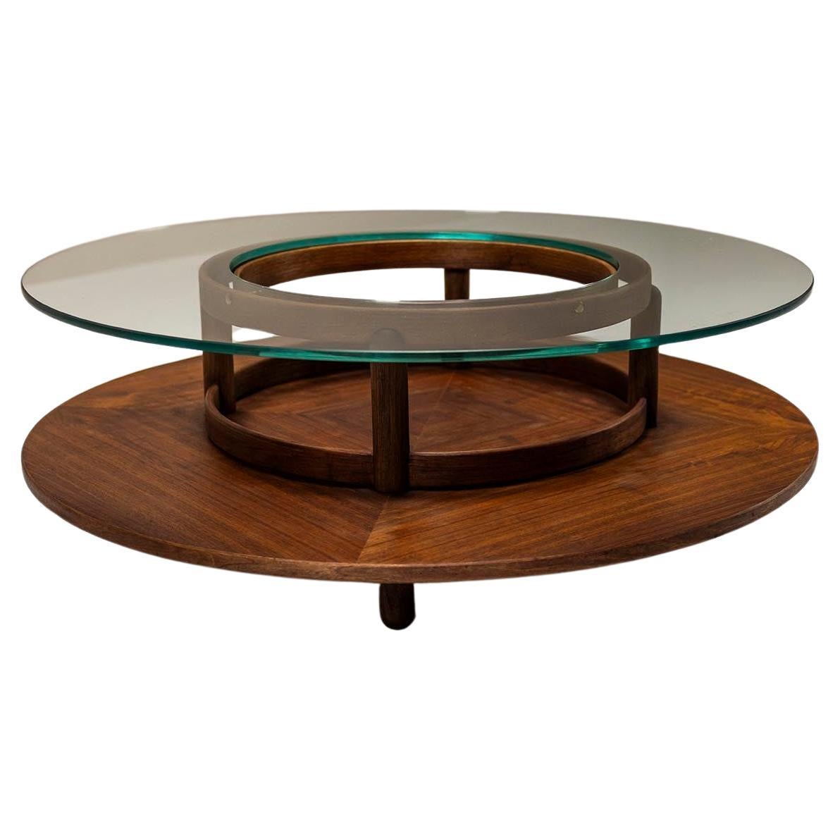 Mesa de centro redonda de cristal y teca de Gianfranco Frattini para Cassina, Italia