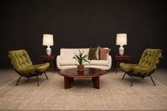 Round Coffee Table in Hardwood and Black Leather, c.1970s