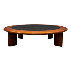 Round Coffee Table in Hardwood and Black Leather, c.1970s