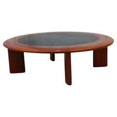 Round Coffee Table in Hardwood and Black Leather, c.1970s