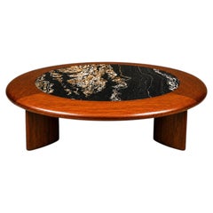 Round Coffee Table in Imbuia Wood & Black Fossil Stone, Brazilian Modern, 1970s