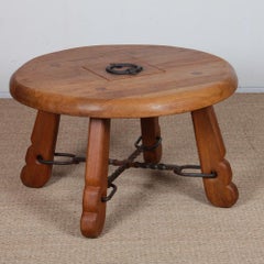 Round coffee table in solid oak and wrought iron, 1950