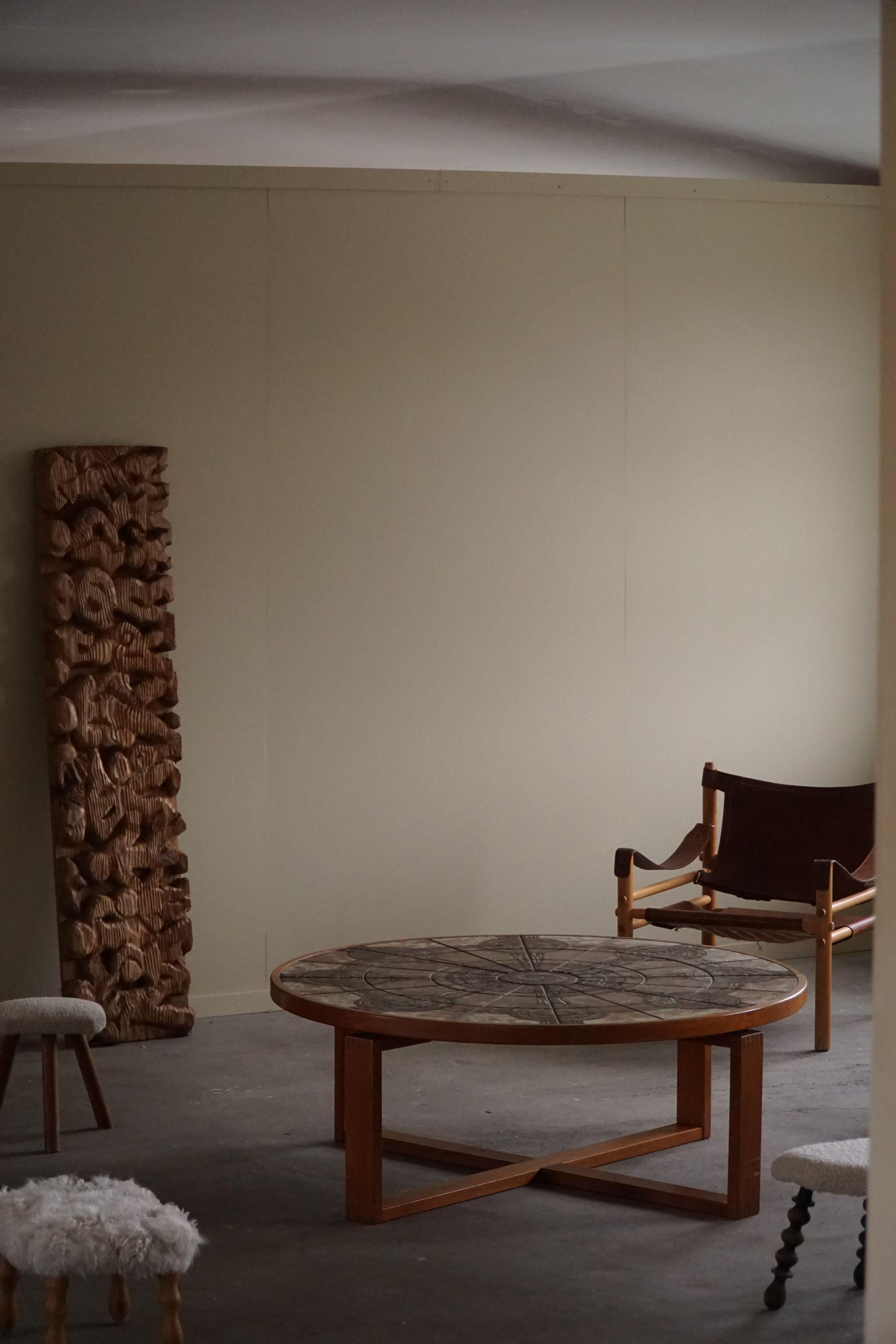 Scandinavian Modern Round Coffee Table in Teak & Ceramic Tiles, Ox Art by Trioh, 1970s in Denmark For Sale