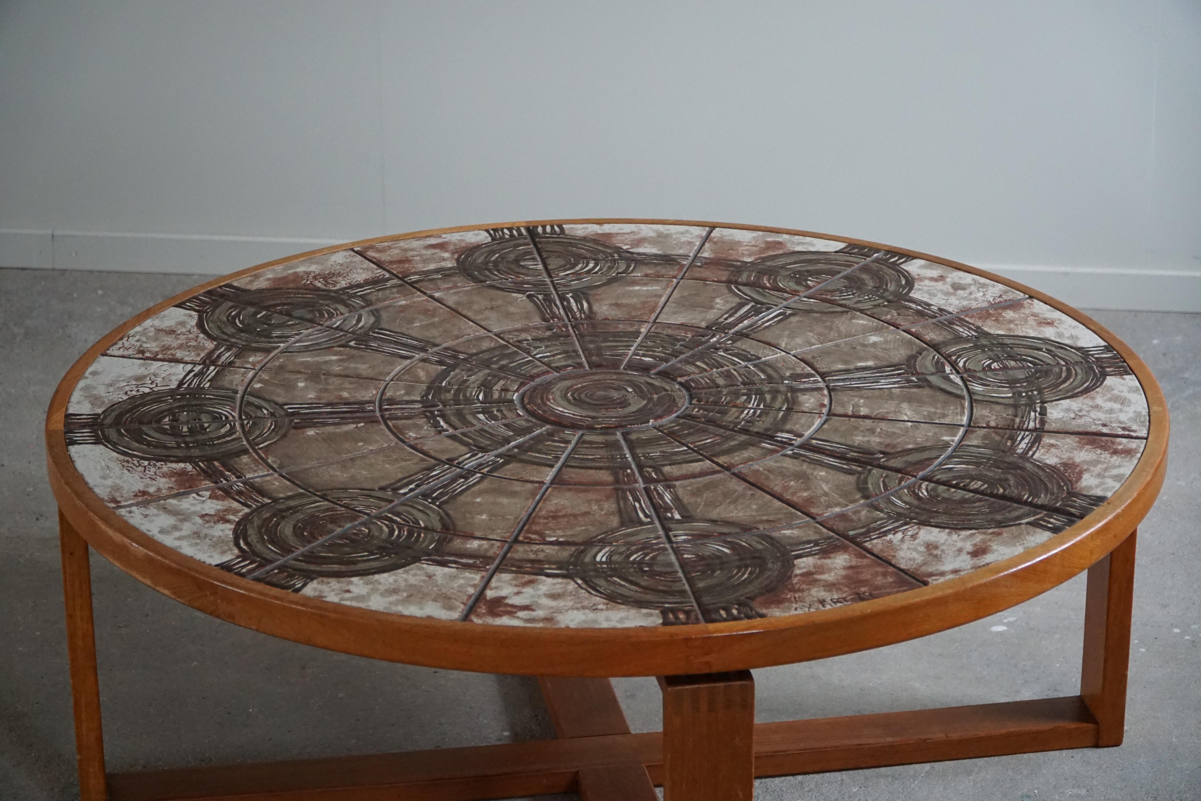 Round Coffee Table in Teak & Ceramic Tiles, Ox Art by Trioh, 1970s in Denmark In Good Condition For Sale In Odense, DK