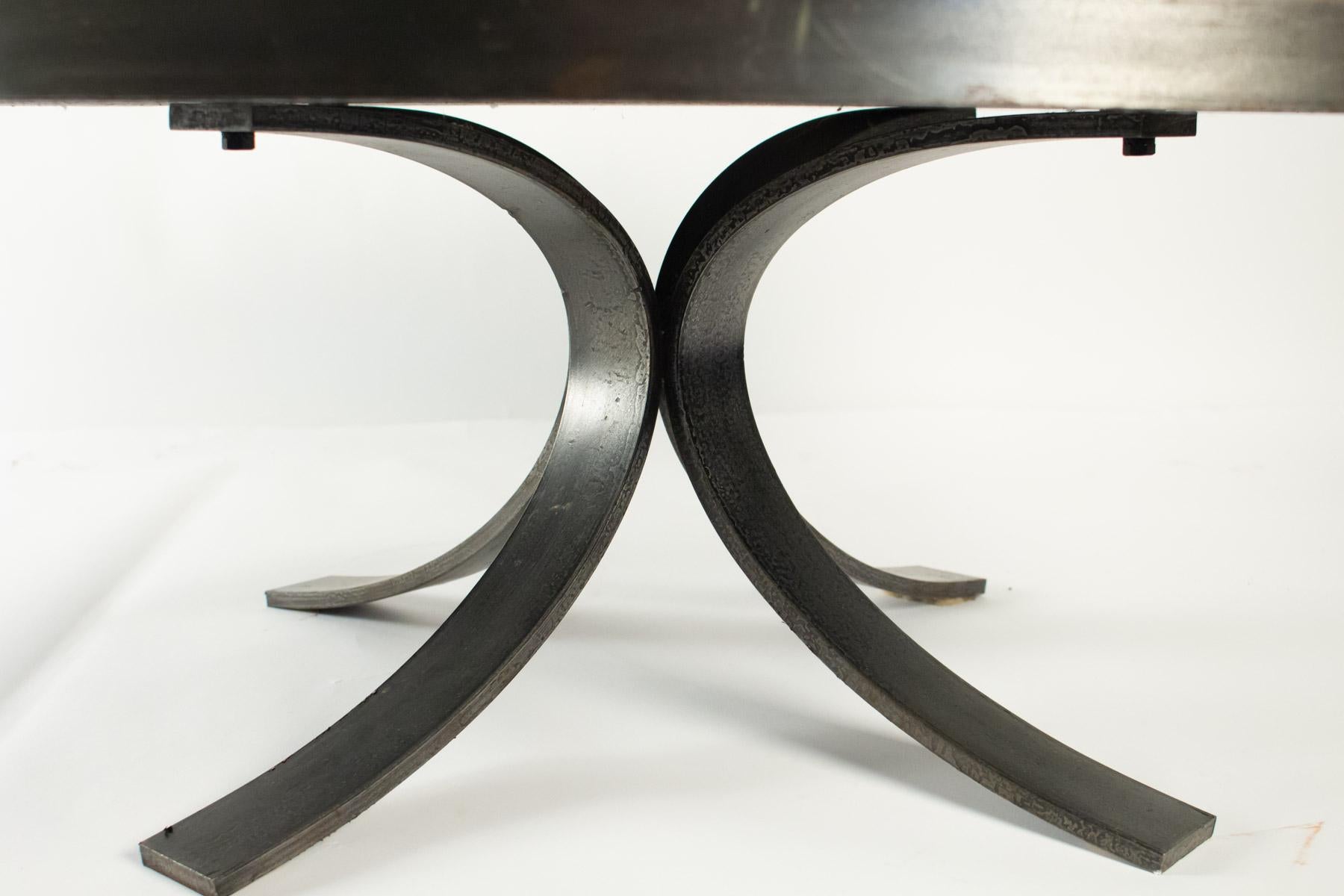 French Round Coffee Table in Wrought Iron and Stone from the Ardoise, circa 1960-1970