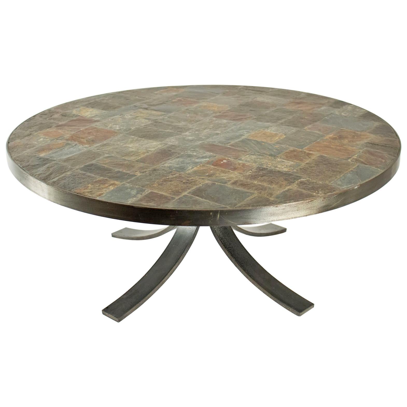 Round Coffee Table in Wrought Iron and Stone from the Ardoise, circa 1960-1970