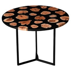 Round Coffee Table Made of Natural Wood Slices and Black Epoxy Resin