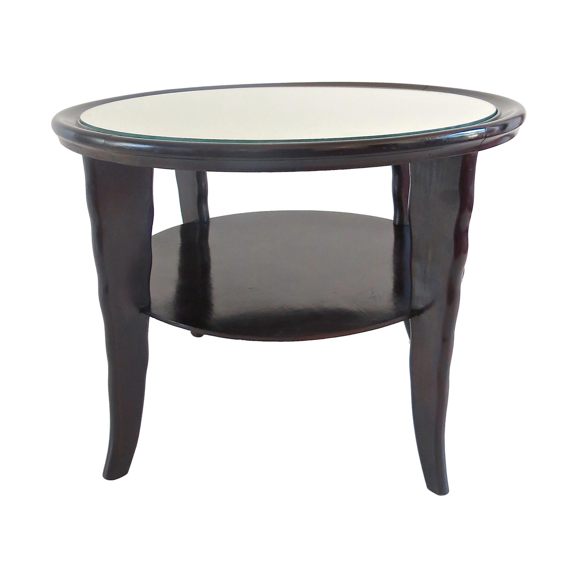 Round Coffee Table Mirror Top Black Laquered Two-Tier Attributed to Borsani 1940