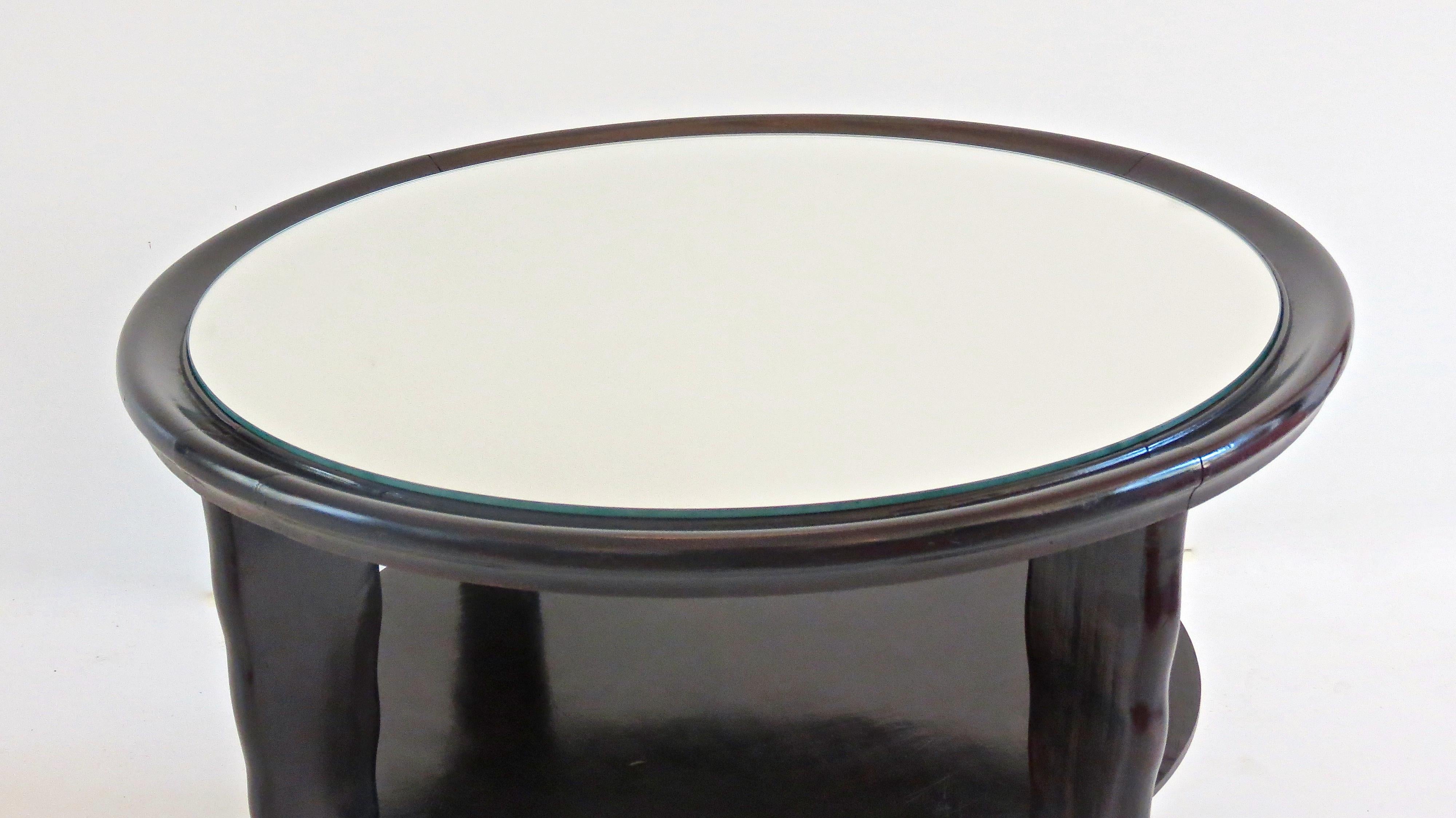 Mid-Century Modern Round Coffee Table Mirror Top Black Laquered Two-Tier Attributed to Borsani 1940 For Sale
