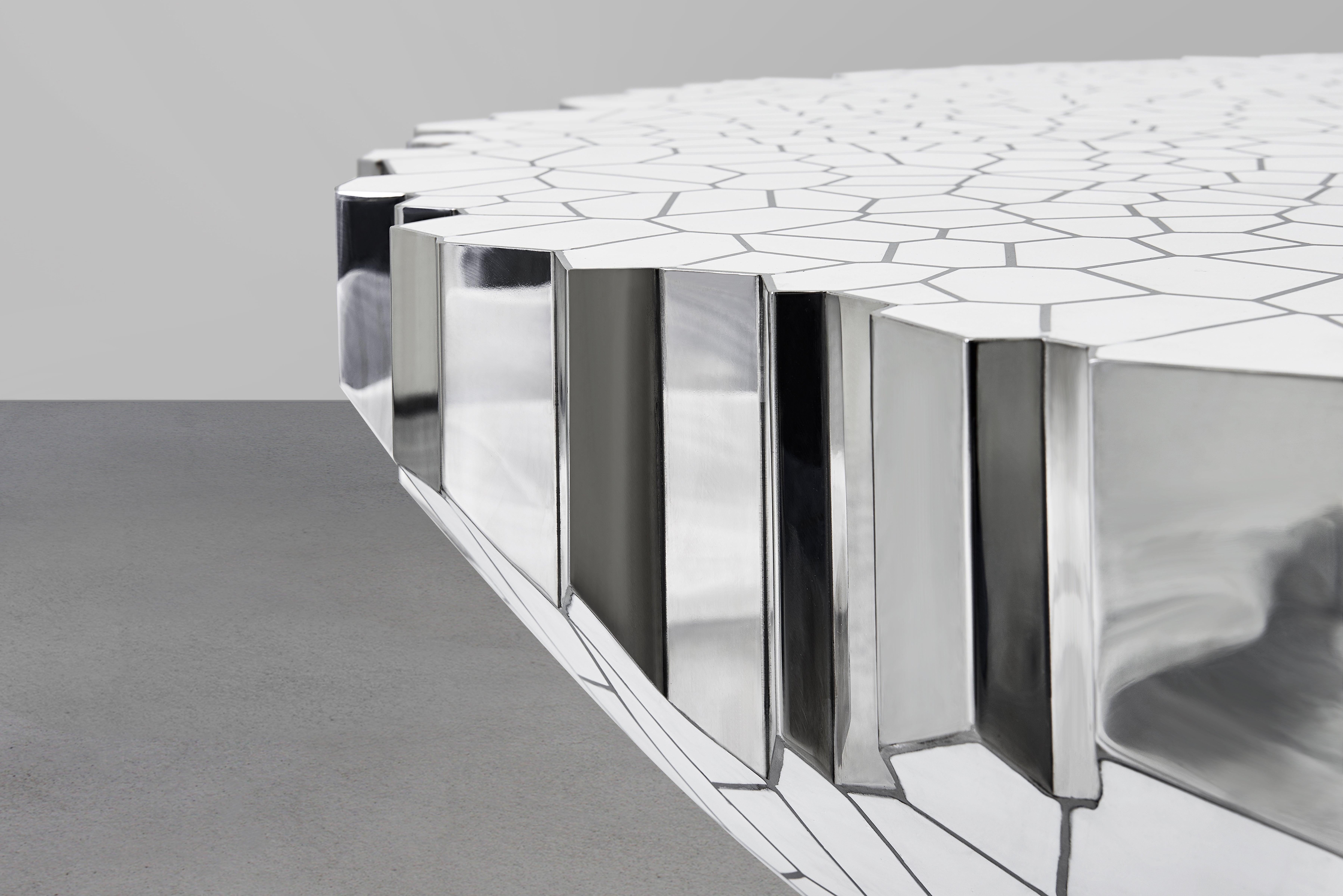 Polished Round Coffee Table 'My Collection' Michael Young Stainless Steel White Resin