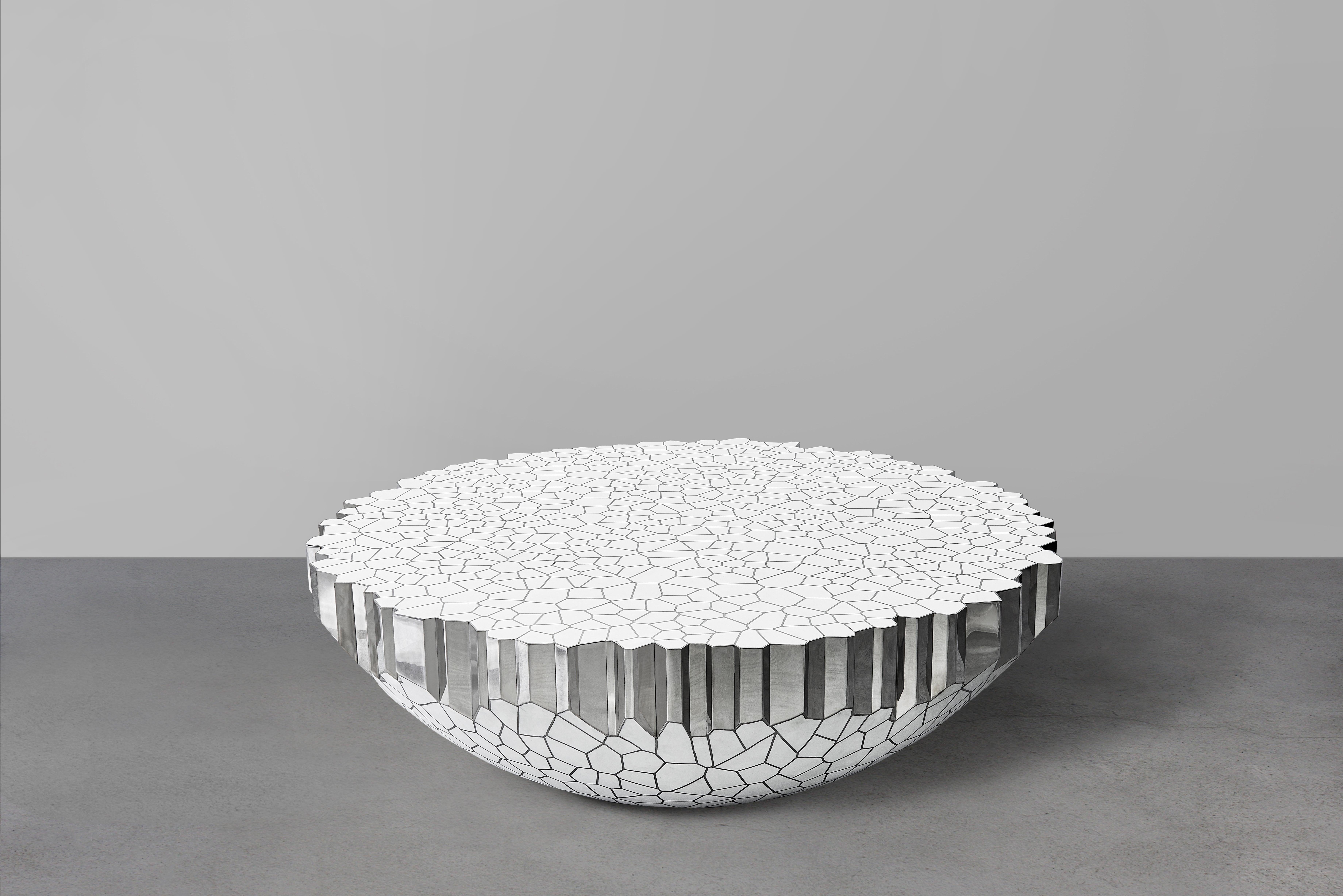 Round Coffee Table 'My Collection' Michael Young Stainless Steel White Resin In New Condition In Beverly Hills, CA