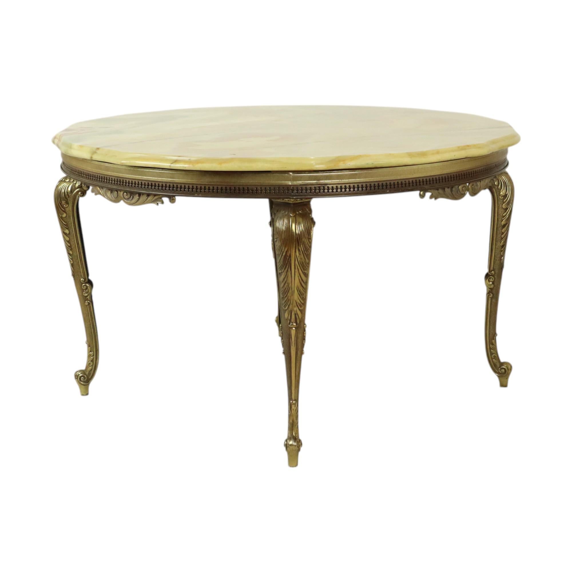 20ième siècle Table basse ronde en marbre d'onyx et laiton Hollywood Regency Style Fifties en vente