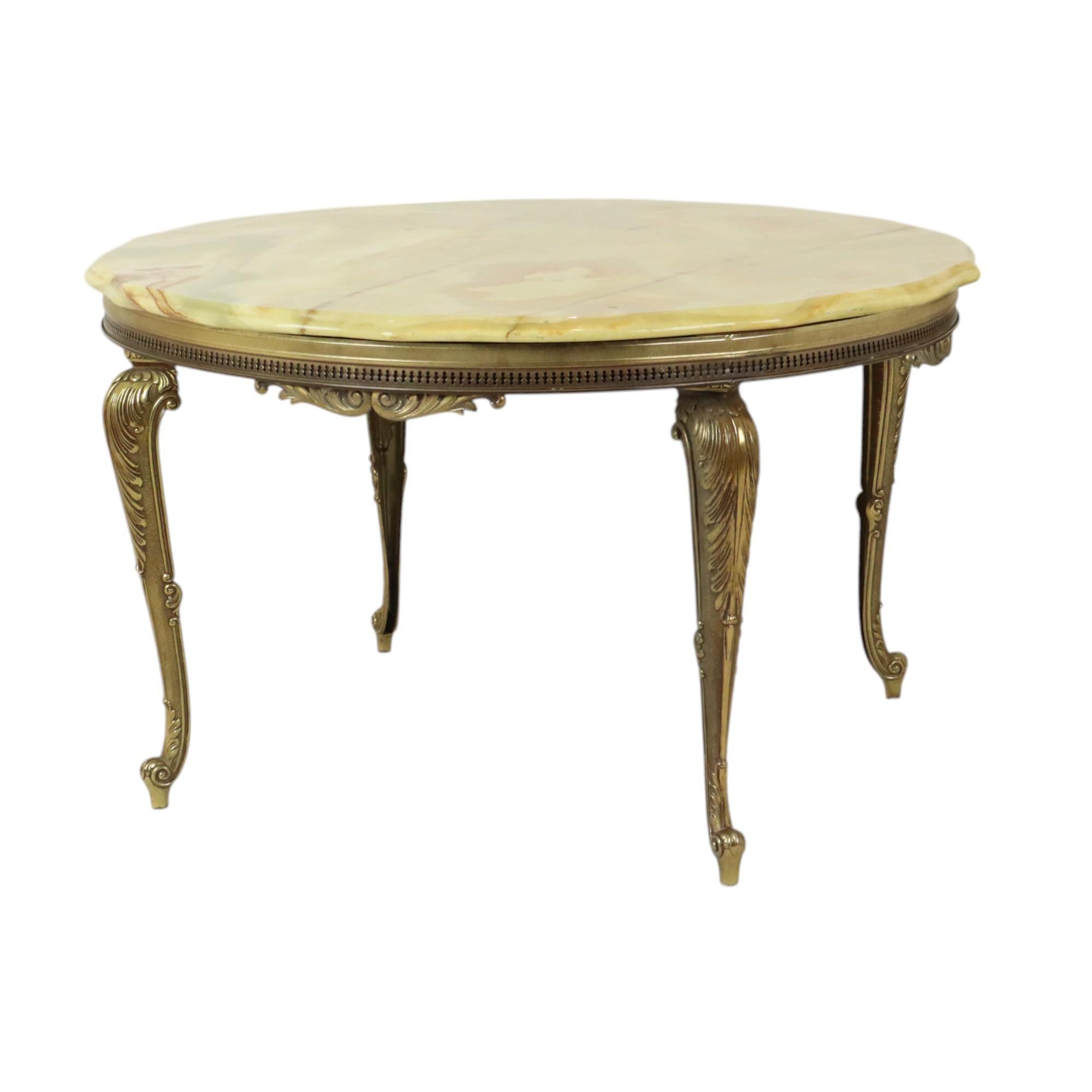 Laiton Table basse ronde en marbre d'onyx et laiton Hollywood Regency Style Fifties en vente