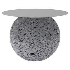 Round coffee table, stainless steel and volcanic stone