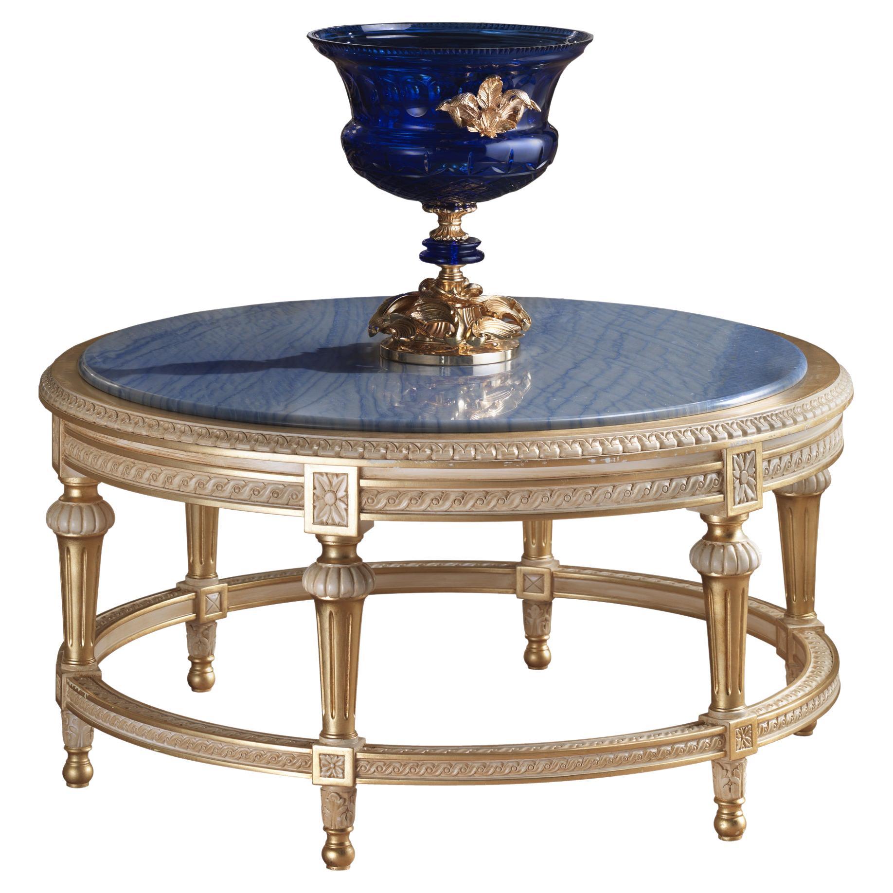 Table basse ronde avec plateau en marbre Azul et feuille d'or de luxe par Modenese