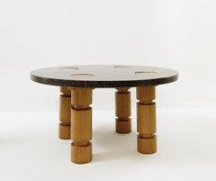 Round Coffee Table with Blue Stone Top and Wooden Legs, Ø 80