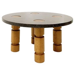 Round Coffee Table with Blue Stone Top and Wooden Legs, Ø 80