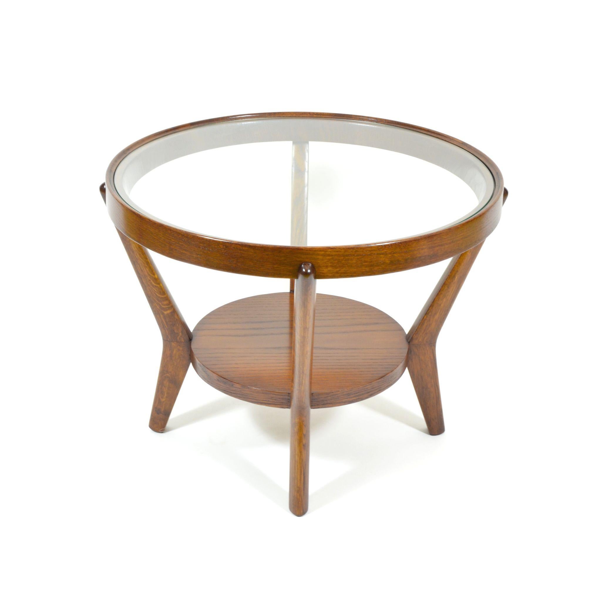 Beech Round Coffee Table with Glass Desk, Funkcionalist Style, Former Czechoslovakia