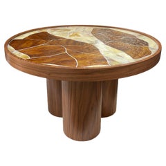 Modern Round Coffee Table with Glass Top and Walnut Pedestal Base by Ercole Home