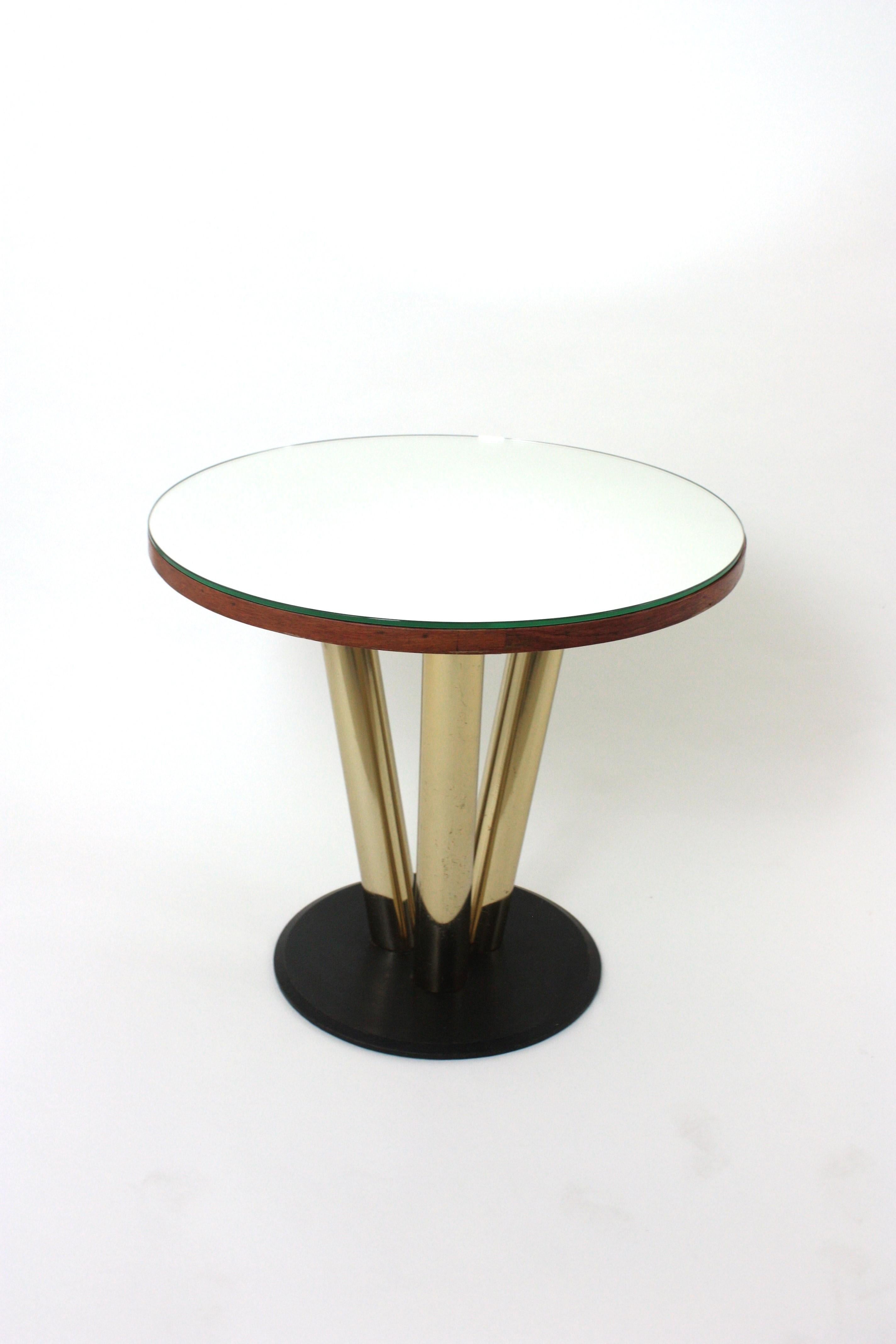Table basse ronde avec plateau en miroir et base en métal noir et laiton en vente 4