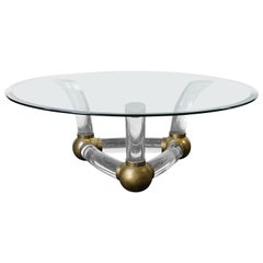 Round Coffee Table with Thick Curved Lucite and Brass Ball Base