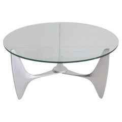 Round Coffee Table with Tripod Aluminum Frame and Glass Top