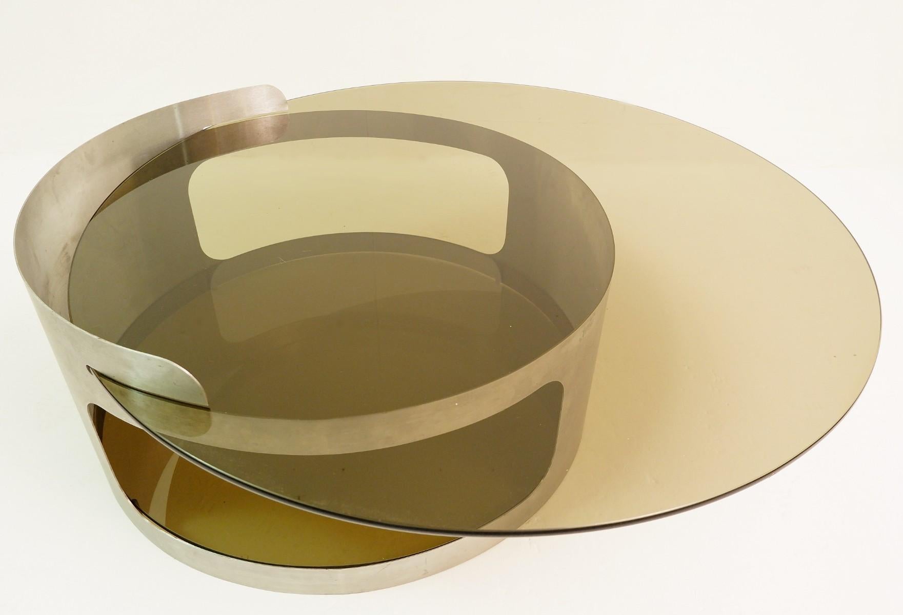 Mid-Century Modern Round Coffee Table with Two Trays in Smoked Glass by Francois Monnet for Kappa
