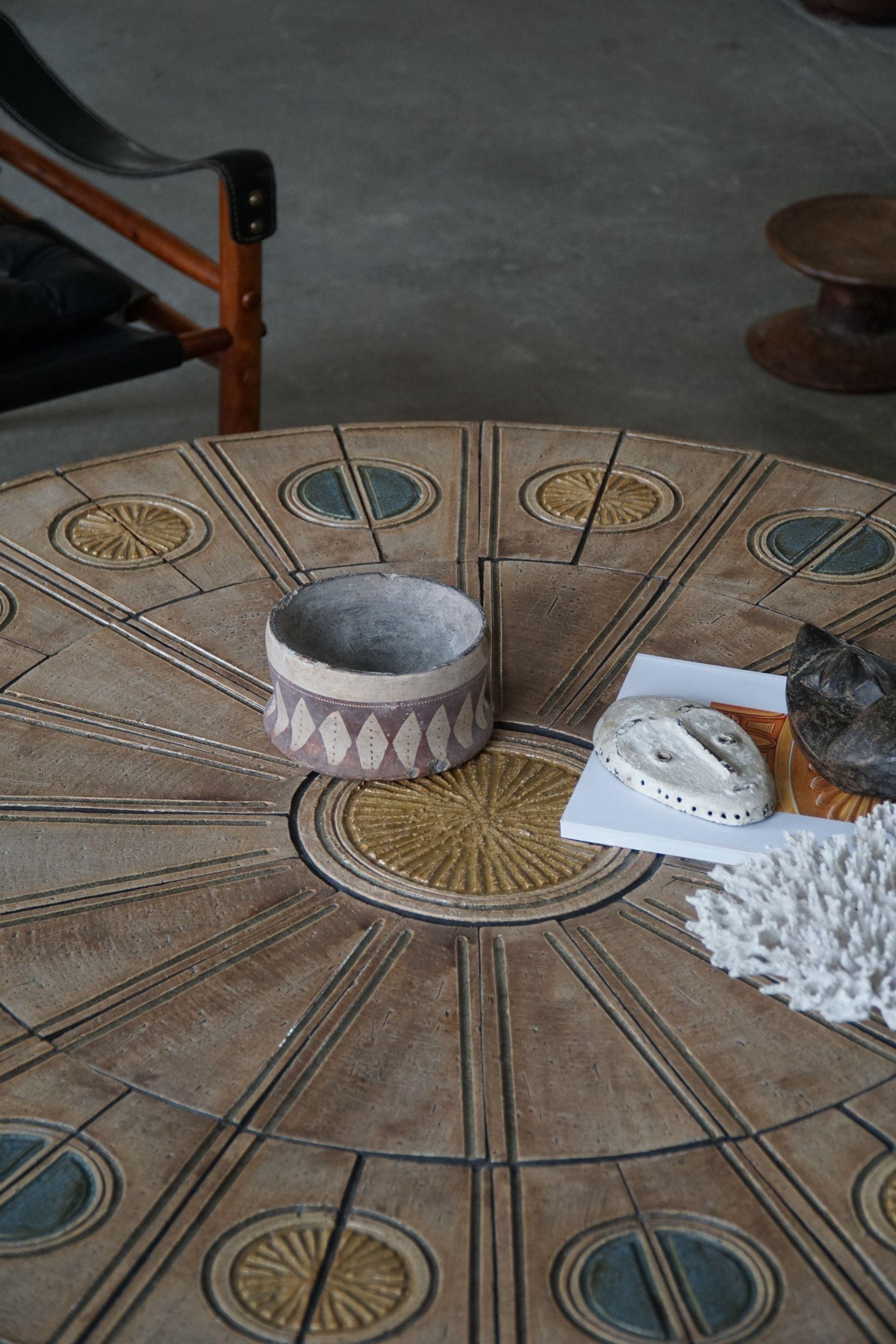 20th Century Round Coffee Table, Wood & Ceramic Tiles, Ox Art by Trioh, Denmark, 1978 For Sale