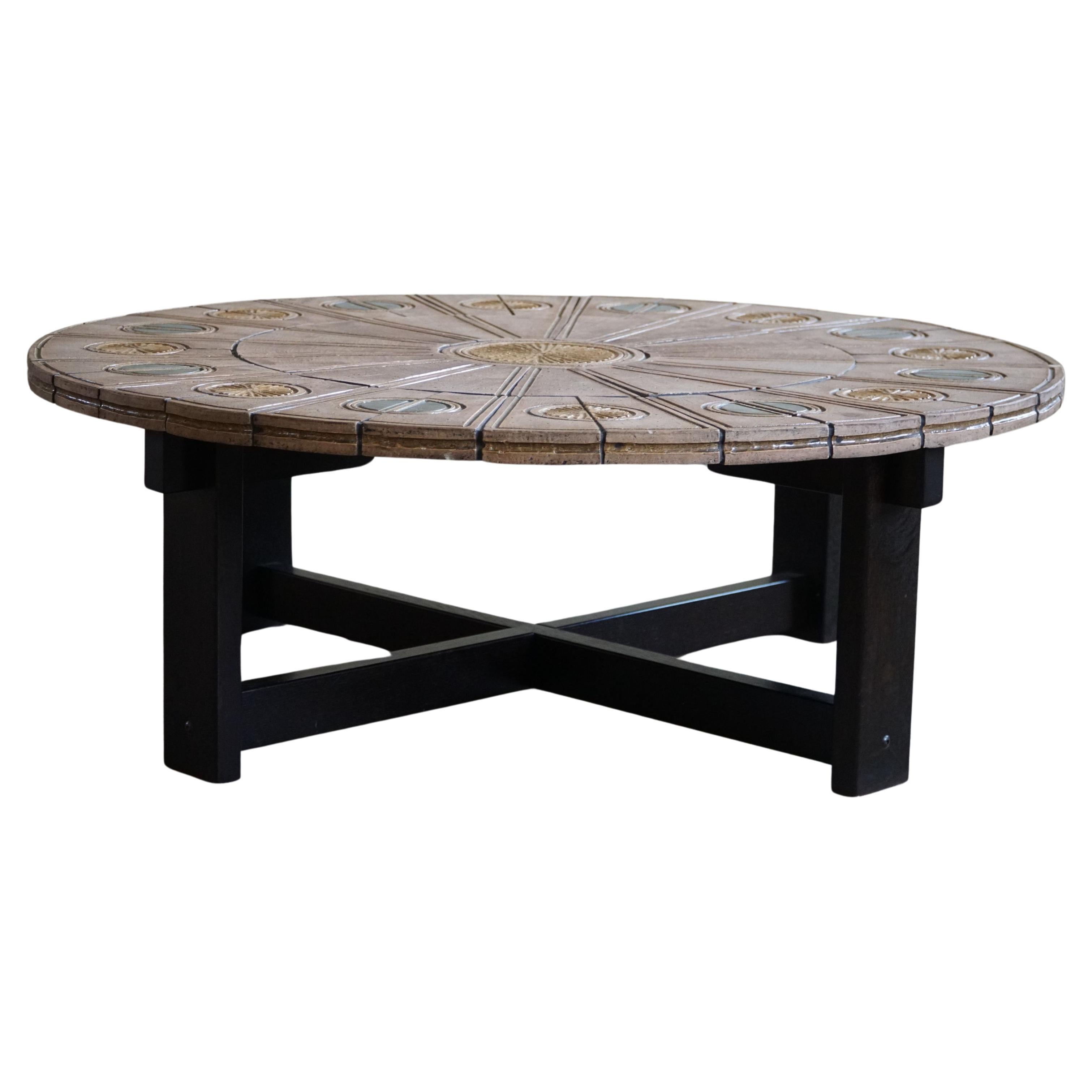 Round Coffee Table, Wood & Ceramic Tiles, Ox Art by Trioh, Denmark, 1978 For Sale