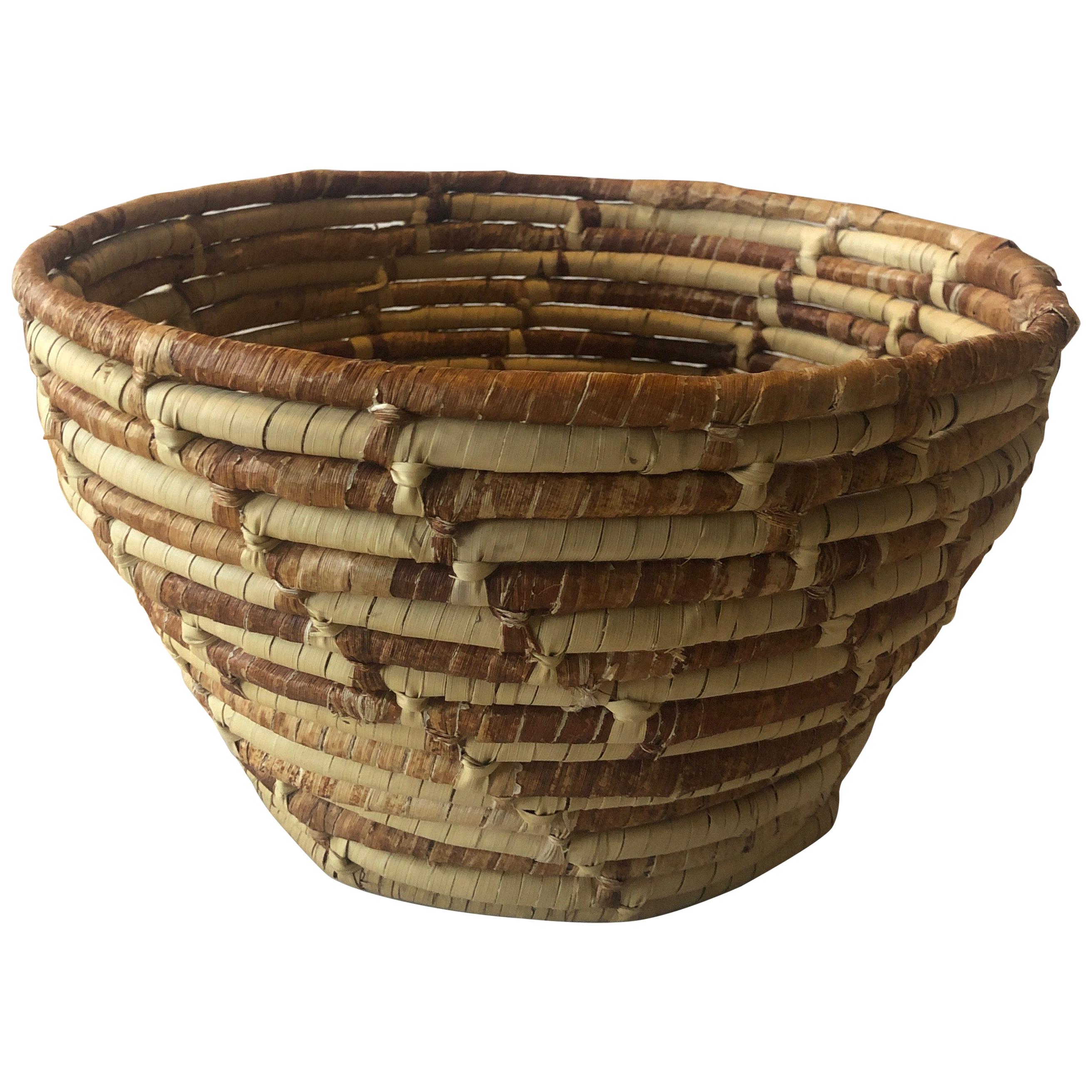 Round Coiled Tan and Brown Decorative Basket