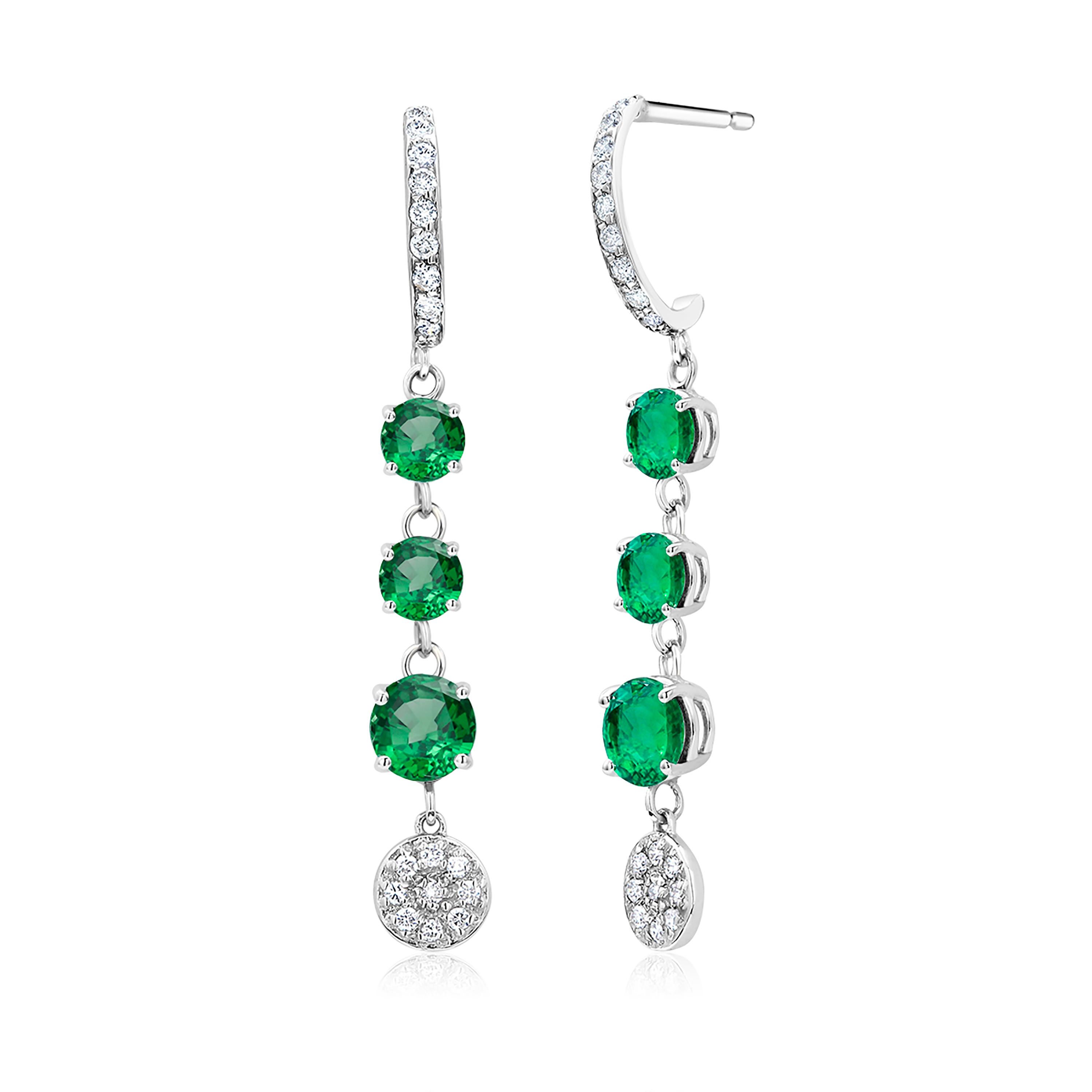 Round Cut Tripled Tiered Emerald and Diamond Cluster Hoop Drop Earrings